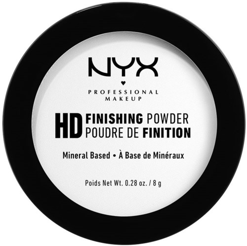 Een ronde zwarte container met een wit label met NYX, HD finishing poeder, mineraalbasis, 0,28 oz.