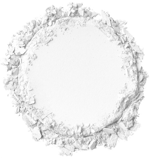 Een ronde, lege ruimte omgeven door gebroken wit poeder en fragmenten, lijkt op een poederexplosie of stofkring.