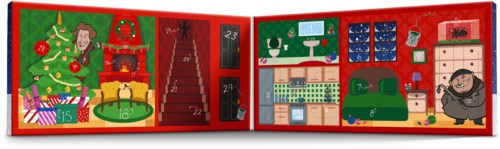 En färgglad adventskalender med jultema, numrerade dörrar, dekorerade rum, julgran, presenter och karaktärer.