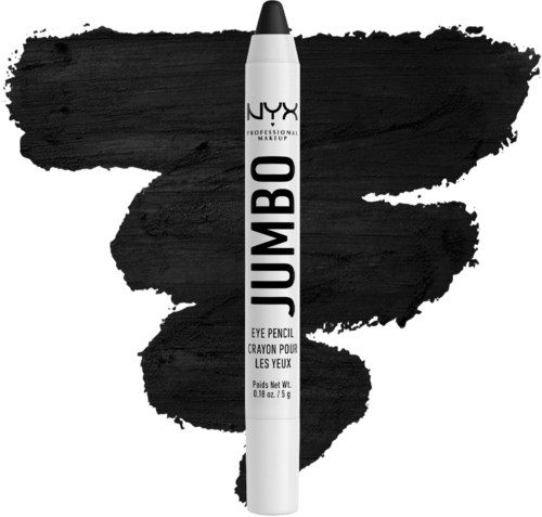 Ein weißer NYX Jumbo Eyeliner mit schwarzem Text, auf einem schwarzen bemalten Hintergrund.
