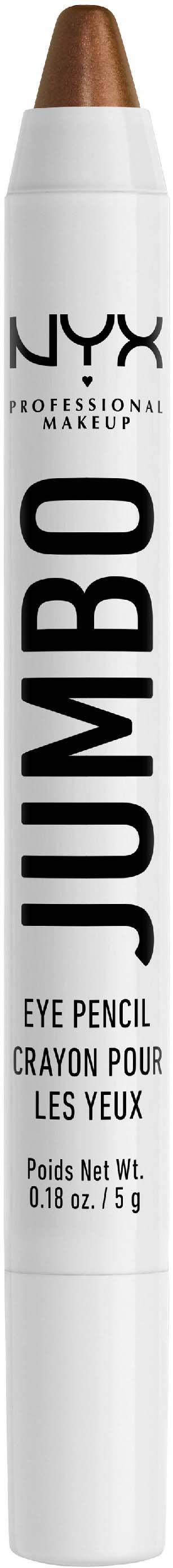 A white NYX jumbo eye pencil with black text, showing the product's name and purpose, and a brown tip.