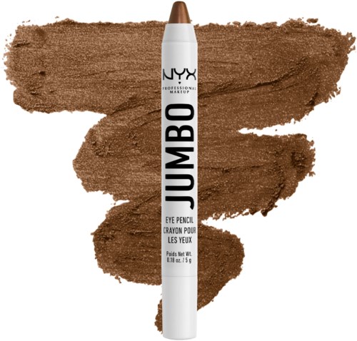 NYX Jumbo Eye Pencil, a brown eye makeup pencil, shown against swatches on a white background.