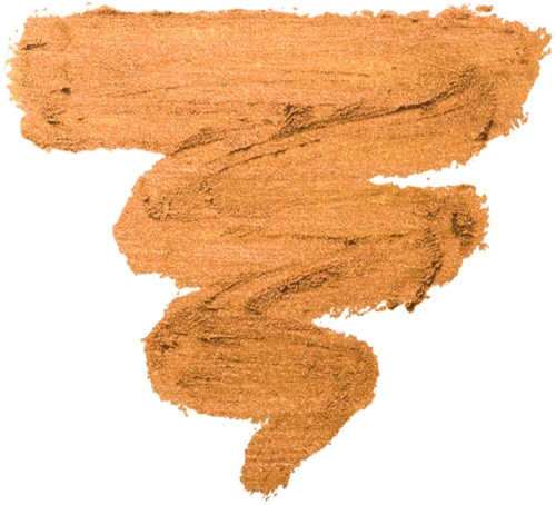 En brun makeup- eller blushfärg som är svept med en kurvig, virvlande form på vit bakgrund.