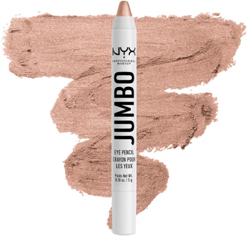 NYX Jumbo-Augenstift in Weiß auf beigefarbenem Hintergrund mit braunen Flecken.