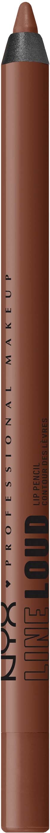 A brown lip pencil with an angled tip and black cap. The pencil has black text and measurements on its side.