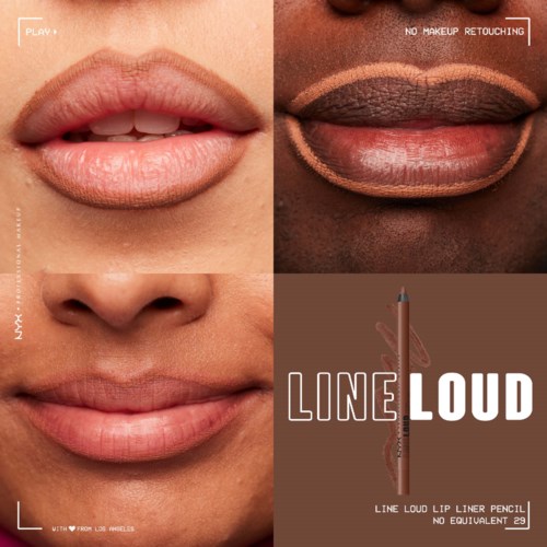 A contouring makeup guide showing lips and skin of different skin tones, with a lip liner pencil and the words 'Line Loud'.