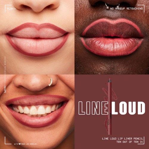 Three faces show different lip makeup styles and a bold lip liner logo with a pink lip pencil.