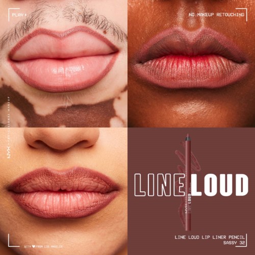 Three sets of lips with different shades of lipstick and a LINE LOUD logo with a lip liner pencil.