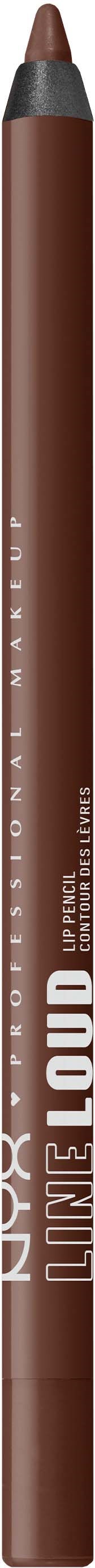 A brown lip liner pencil with a slightly rounded tip, labeled with brand and product details.