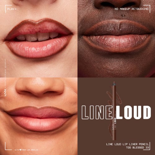 Two close-up photos of lips, one with makeup and one natural. The bottom shows a lip liner product and text.