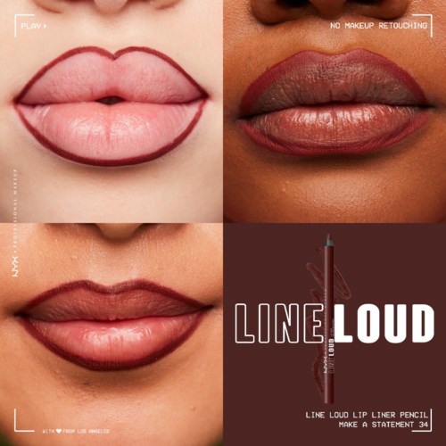 Three close-up photos of lips: one with lipstick outline, one with natural lips, and one with lip liner. Text about a lip liner pencil.