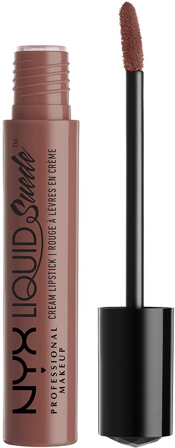 Läppglansrör med applicator, märkt "NYX Liquid Suede" i rosa och svart.