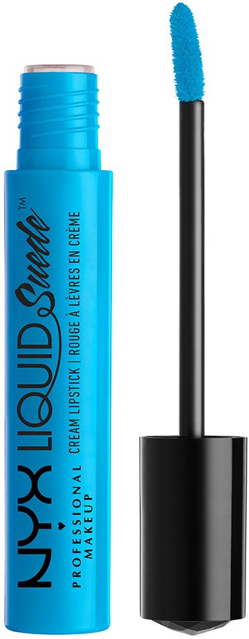 Blå flytande läppstiftstube med en applikator, etiketten säger 'Liquid Velvet' för smink.
