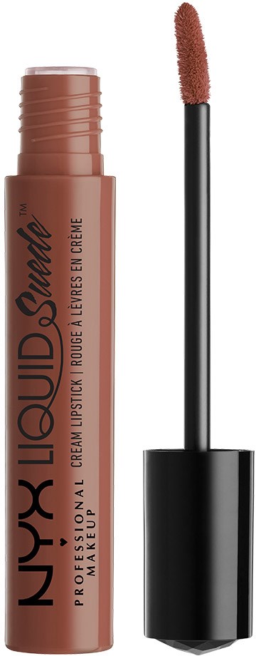 Flytande läppstift i tub med applicator, märkt 'NYX PROFESSIONAL MAKEUP' och 'LIQUID Suede' i svart och rött.
