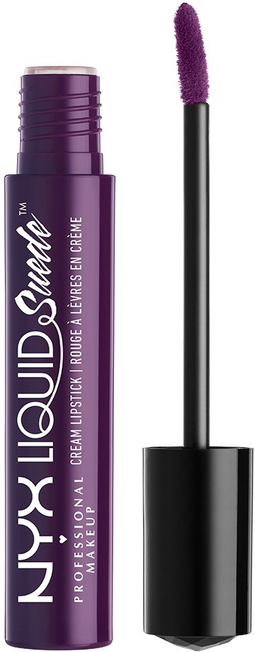 Lila flytande läppstift i tub med applikator, märkt 'HUX LIQUID' för professionell makeup.