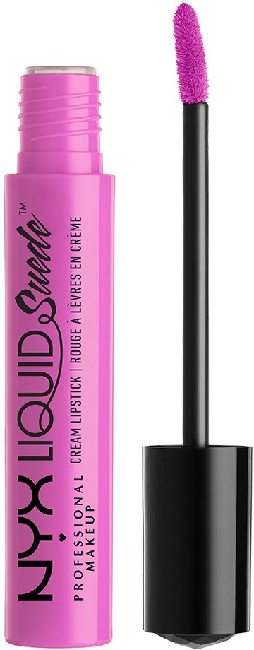 Pink flytande läppstiftrör med svart lock, applikatorstift och produktnamn på röret.