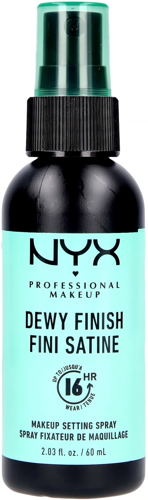 Een zwarte sprayfles met label NYX Dewy Finish voor een frisse en glanzende make-up uitstraling.