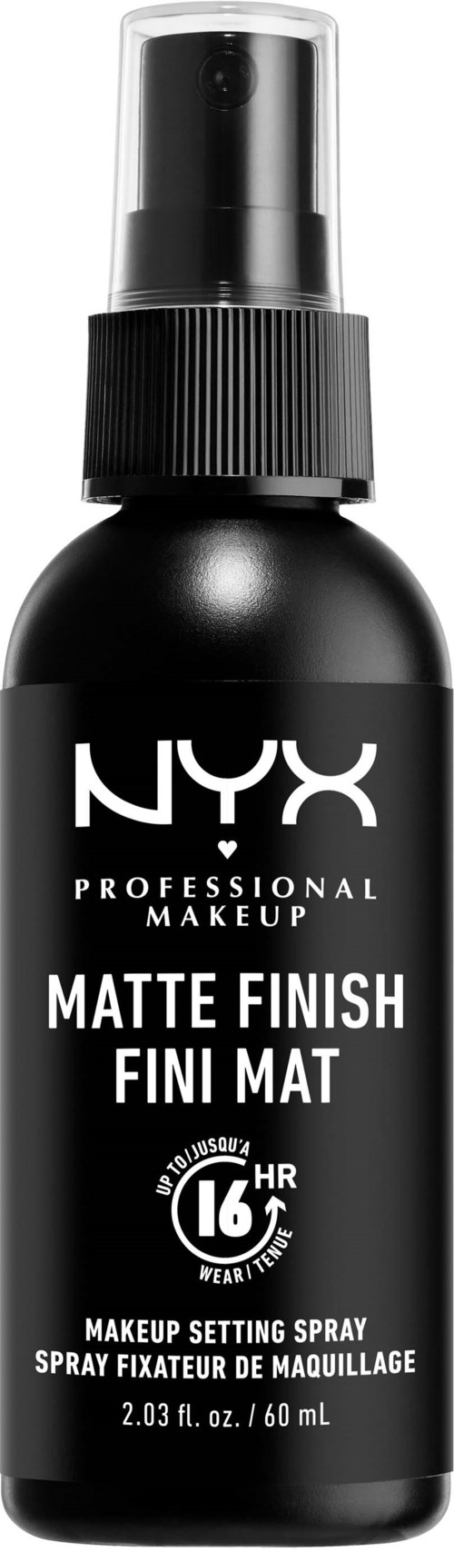 Een zwarte fles met NYX make-up setting spray met matte finish en spraydop.