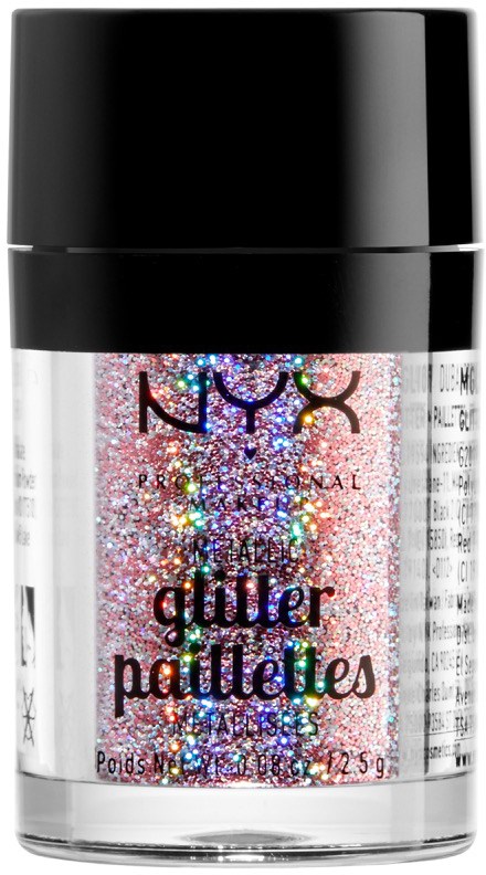 Ein kleiner Behälter mit Glitter für Make-up, mit schwarzem Deckel und buntem, funkelndem Glitter.
