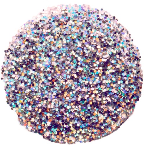 Eine große Sammlung bunter Glitzerkreise in Pink, Lila, Blau und Gold, angeordnet in einem Kreis.
