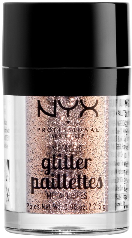 Ein kleiner Topf mit NYX Glitzer-Lidschatten, schwarzer Deckel, rosa Glitzer im Inneren, Text auf dem Etikett.