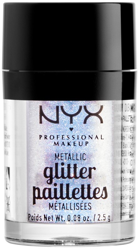Ein kleiner Behälter mit schwarzem Deckel, enthält NYX Metallic Glitter Pailletten für Make-up.