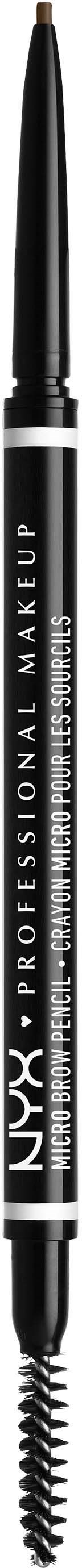 Een zwarte wenkbrauwpotlood met een draaiende spoelie aan de andere kant. Tekst op de potlood zegt "NYX Professional Makeup."