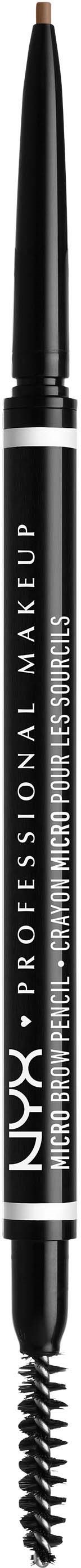 A black eyebrow pencil with a spoolie brush at the end and white text on the body.