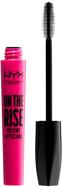 Pinkki ripsivärikasetti ja musta harja, merkintä 'NYX ON THE RISE VOLUME LIFTSCARA'.