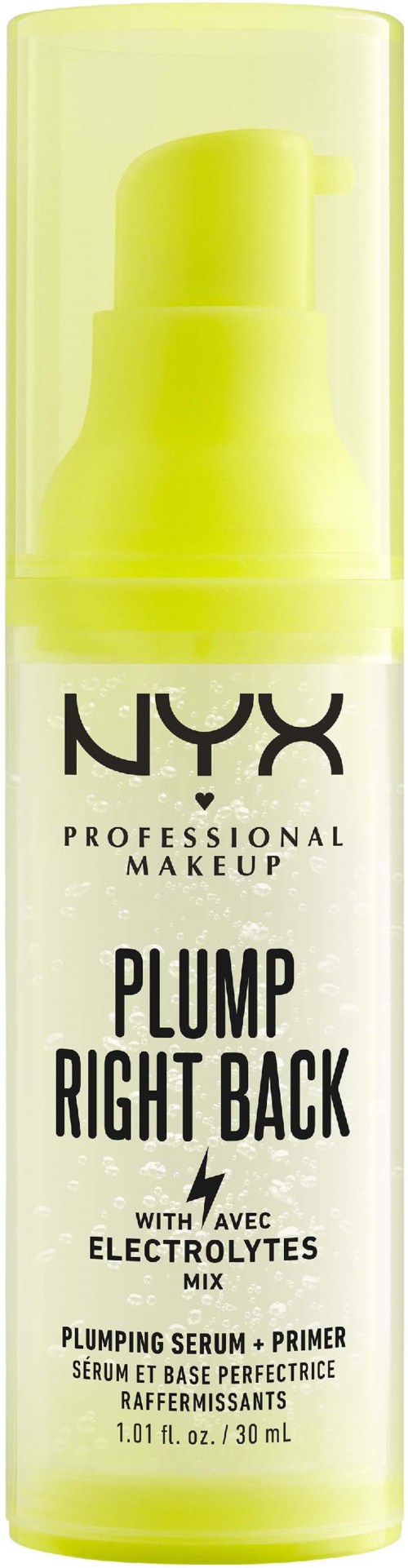 Een fles NYX professionele make-up met gele en witte verpakking met 'Plump Right Back' voor huidverzorging.