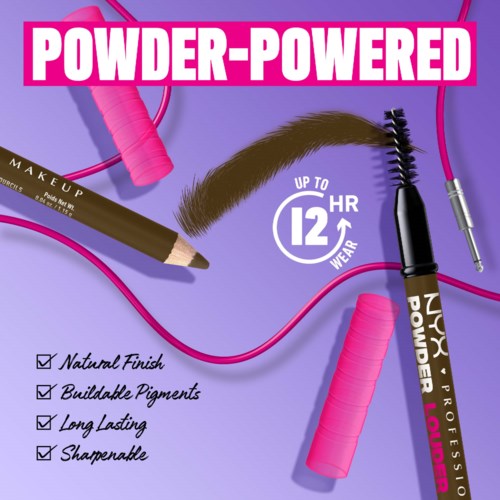 Makeup-Produkt mit langanhaltendem Puder, aufbaubaren Pigmenten und natürlichem Finish, mit rosa Lockenwicklern und Pinsel.