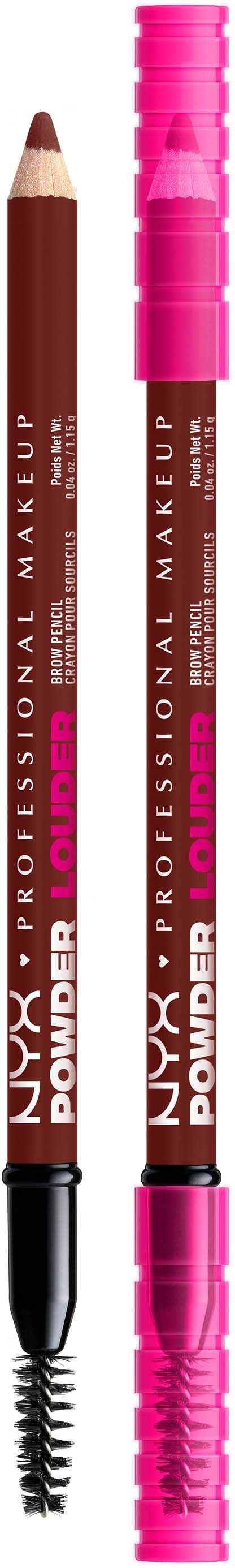 Zwei Make-up-Bleistifte, einer mit brauner Farbe und der andere pink, mit Deckeln und einer Spoolie-Bürste.