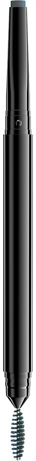 A black electric eyebrow trimmer with a sleek design and a small, spiral-shaped blade at the tip.