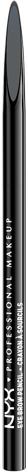 A black eyebrow brush with white text and a gray brush tip.
