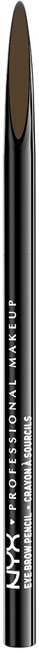 A makeup brush with black handle, silver text, and brown bristles.