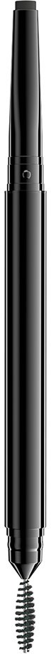 A black cosmetic pencil with a spoolie brush on the end, used for makeup or grooming eyebrows.