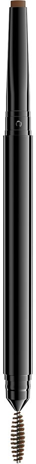 A black eyebrow pencil with a spiral tip for grooming eyebrows, shown vertically.