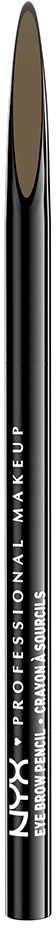 Een make-up penseel met zwarte handgreep en lichte haren, gemerkt NYX Professional Makeup.