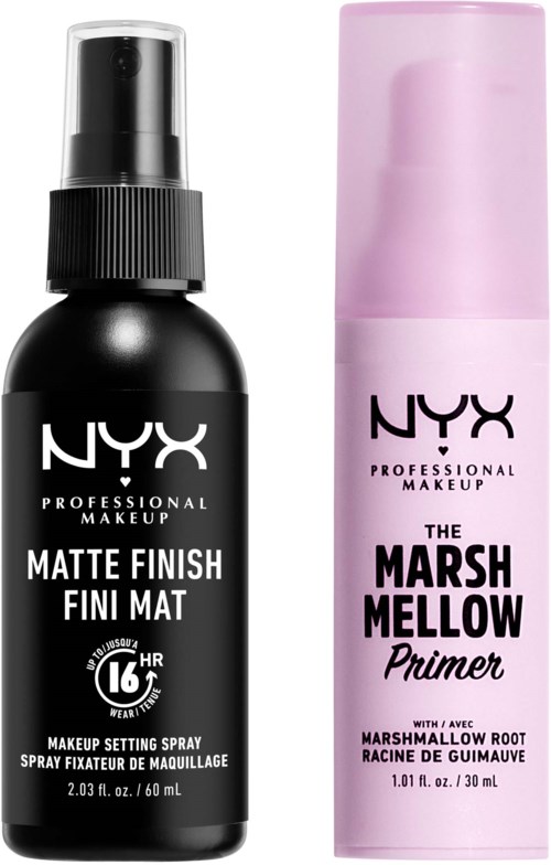 To NYX sminkeprodukter: en svart matt spray og en rosa primer med marshmallow duft.
