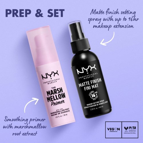 NYX sminkeprimer og setting spray. Primer er rosa, spray er svart. Sett med spray for langvarig sminke.