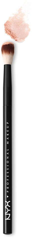 Make-up kwast met roze poeder erop, op een zwart-wit achtergrond.