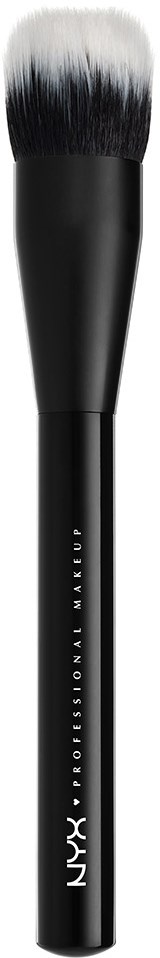 A black makeup brush with a white-tipped bristle head on a black background.