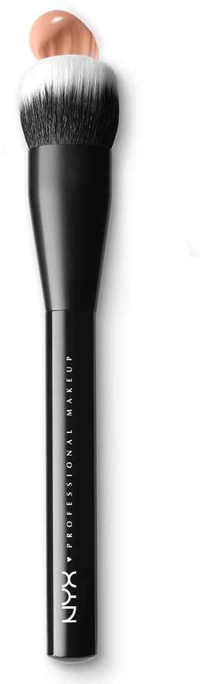 A makeup brush with a black handle, white and black bristles, and a round, beige-colored makeup sponge.
