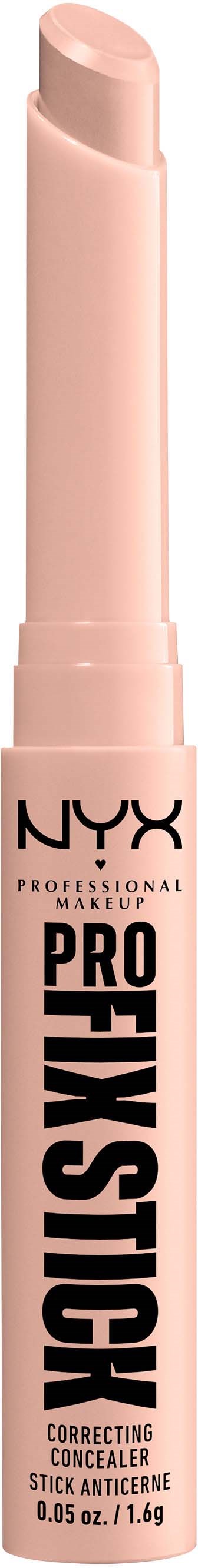 Een NYX Pro Coverage stift, lichtroze kleur, met zwarte en witte tekst, gebruikt voor het bedekken van huidonvolkomenheden.