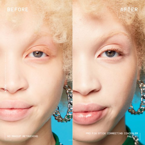 Seitenansicht des Gesichts einer Frau vor und nach Make-up-Korrektur, zeigt verbesserten Hautton und Lipgloss.