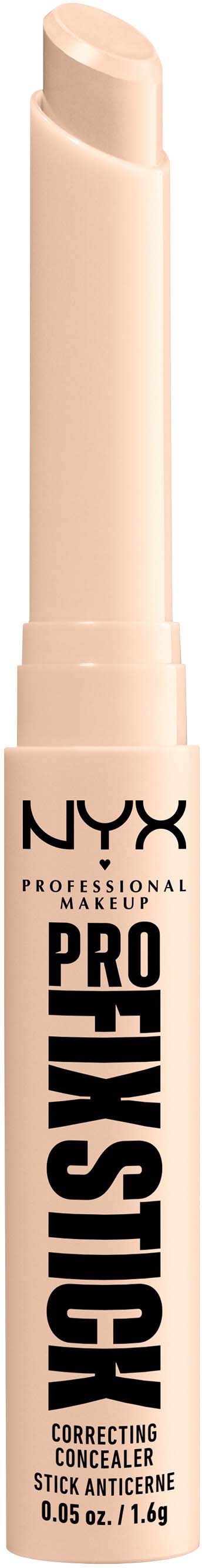 Ein beiges Stift-ähnliches Produkt mit schwarzen Text, beschriftet NYX Professional Makeup, Pro Setifix, Correcting Concealer stick.