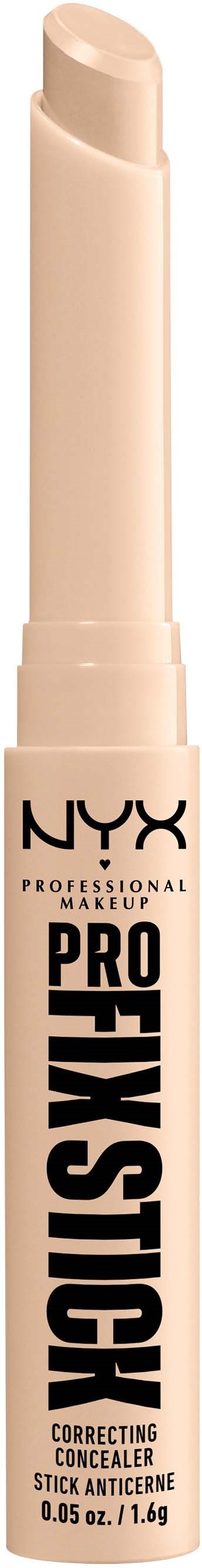 Beige Stift-Concealer mit schwarzen und rosafarbenen Text, beschriftet NYX Professional Makeup Pro Coverage.