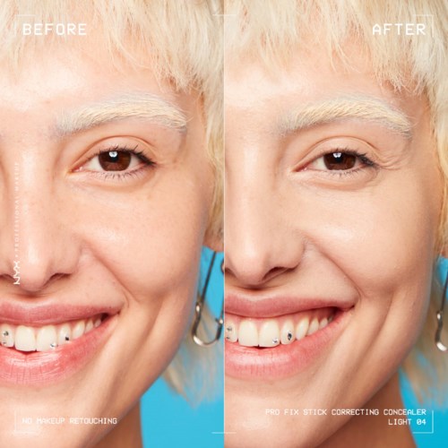 Das Gesicht einer Frau zeigt ein Lächeln vor und nach Make-up-Korrektur, mit verbesserten Haut und Gesichtszügen.