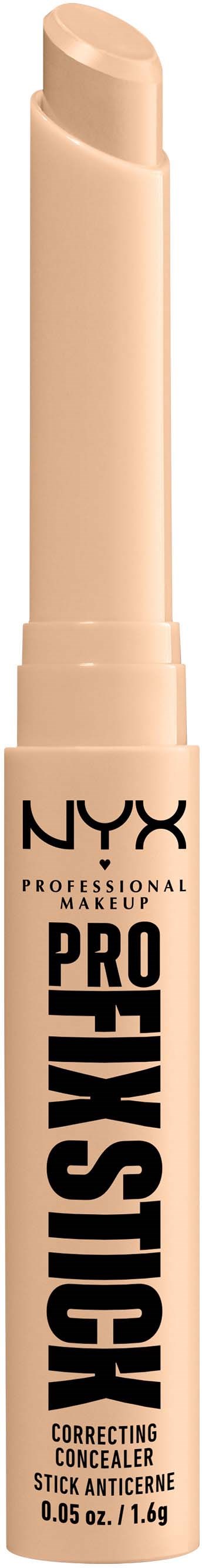 Een beige stick concealer met zwarte tekst, gemerkt NYX Professional Makeup Correcting Concealer Stick Anticernes.