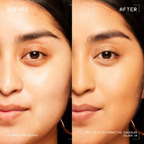 Ein geteiltes Bild zeigt das Gesicht einer Frau vor und nach Make-up-Korrektur, mit klarer Haut und verbesserten Zügen.